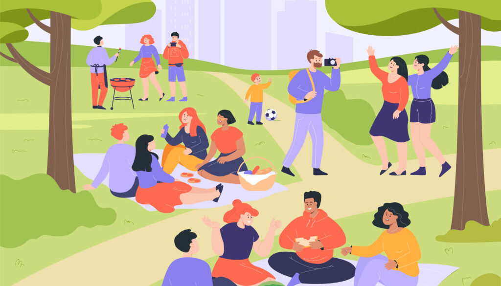 People having picnic in public park flat vector illustration