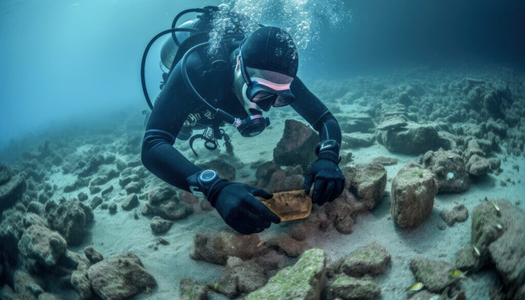 Marine Archaeology Diver Recovers Ancient Pottery Artifact